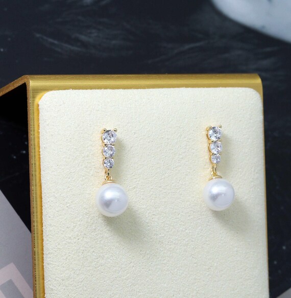 Gold Cz Pearl Dangle Earrings, Bridal Jewlery, Sku#Zx100