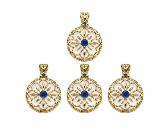 Gold Filled White Enamel Flower On Round Coin Shape Pendant, Cobalt Cz Micro Pave 14K Gold Filled Charm,Enamel Jewelry,15X20Mm,Sku#Cp37