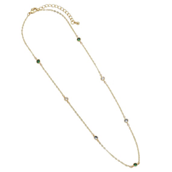 Diamond Green Clear Blue Cz Bezel Link Necklace, Sku#Ef490