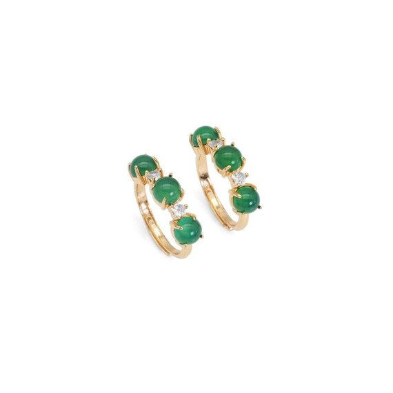 Gold Three Green Jade Beads Cz Adjustable Ring, Sku#Lx355