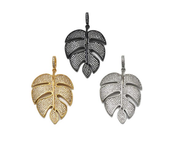Cz Micro Pave Large Leaf Shape Pendant, Large Leaf Pendants, 30X41Mm,Sku#F1101