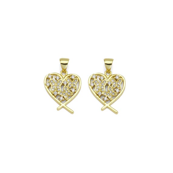 Gold Cz Butterfly On Heart Charm, Sku#Lk887