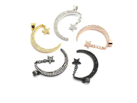 Cz Micro Pave Crescent Moon And Star Pendant ,Gold|Silver|Black|Rose Gold ,Cubic Zirconia Jewelry Findings,19X29Mm,Sku#F645