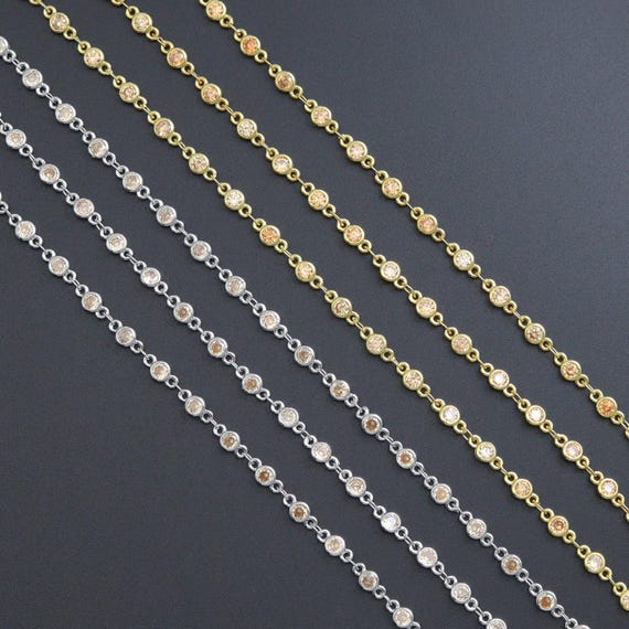 High Quality Champagne Color CZ Beaded Chain Gold Silver Bezel Chain, skuA450