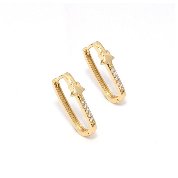 Gold Clear Cz Oval Star Rectangle Hoop Earrings, Sku#Lk779