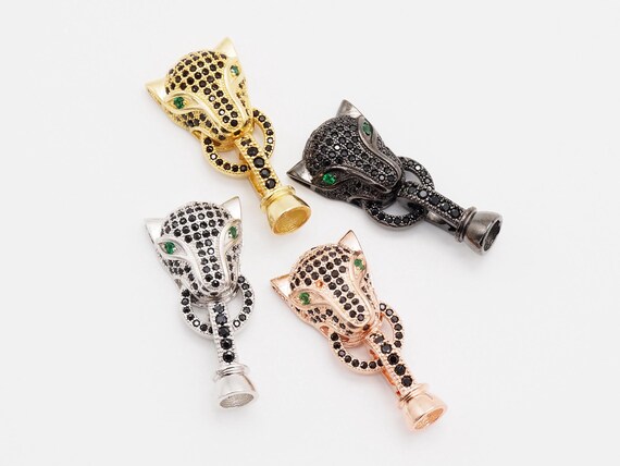Cz Micro Pave Panther Leopard Head With Green Eye Buckle Clasp, Black Rhodium Plated Cubic Zirconia Clasp,31X13Mm, Sku#H34