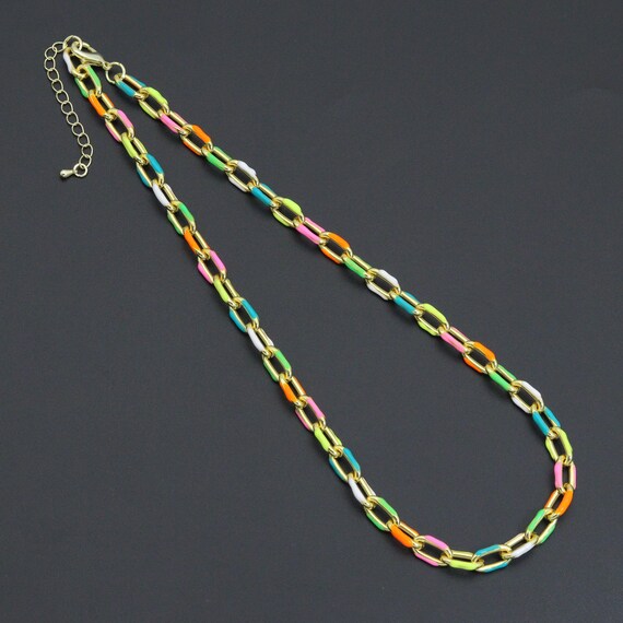 Gold Colorful Enamel Rectangle Link Chain Necklace, sku#EF778