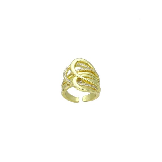 Multiline  Cz Gold Arc-Shaped Statement Adjustable Ring, Sku#Lk1067