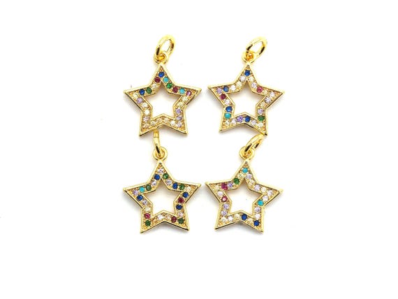 Cz Colorful Micro Pave Five Point Star Shape Pendant, Five Star Shaped Pave Pendant, Gold Plated,14X15Mm, Sku#F719