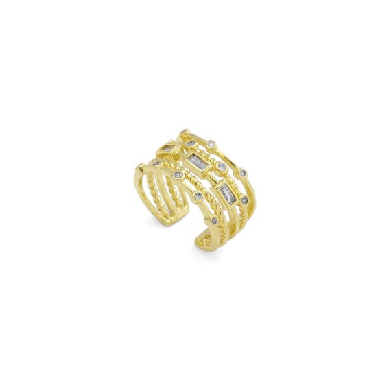 Multi Lines Rectangle Baguette Dot Round Cz Gold Adjustable Ring, Sku#Y892