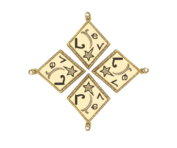 Gold Filled Cz Micro Pave Love Word On Rhombus Shape Pendant, 18K Gold Filled Black Enamel Charm, Necklace Bracelet Charm,30X38Mm,Sku#L567