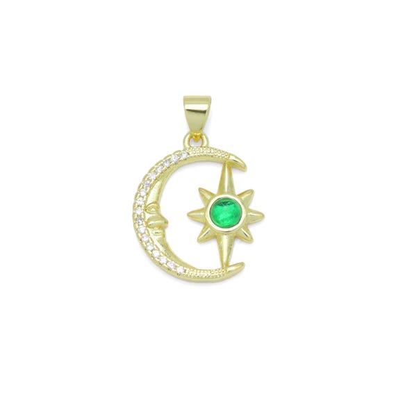 Green Cz Gold Cresent Moon North Star Charm Pendant, Sku#Lk1085