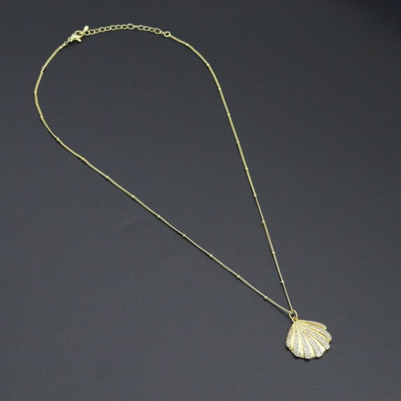 Gold Link Chain Clear Cz Shell Pendant Adjustable Necklace, Sku#Ef717