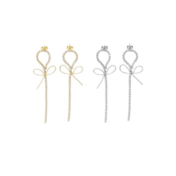 Gold Silver CZ Bow Long Dangle Earrings, Bow Statement earrings, Sku#LX375