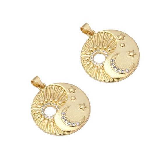 Cz Gold Cresent Moon Star Taiji Round Charm, Sku#Lk788