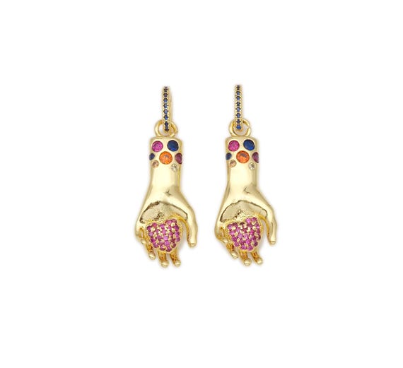 Colorful Cz Micro Pave Heart On Hand Shape Pendant,18K Gold Filled Fuchsia Heart Charm, Necklace Bracelet Pendant, 28X11Mm,Sku#Z1390