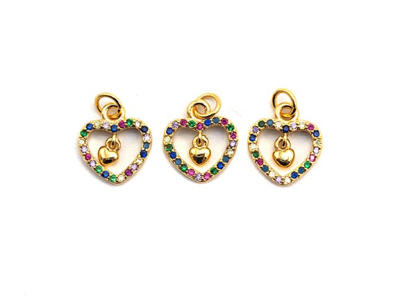 CZ Colorful Micro Pave Hollow Heart With Little Dangle Heart Pendant, Heart Shaped Pave Pendant, Gold plated, 12x14mm, Sku#F826