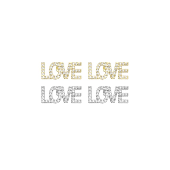 Gold Love  Word Clear CZ Stud Earrings, Sku#A356