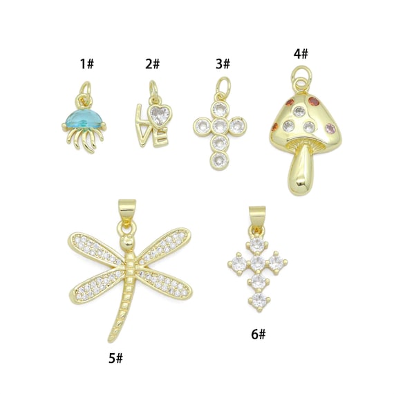 CZ Gold Love Cross Mushroom Jellyfish Dragonfly Charm Pendant,Sku#LD748