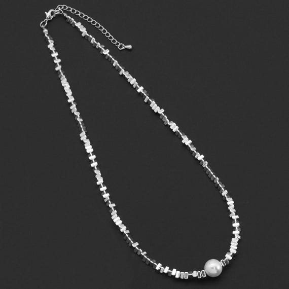 Silver Triangle Chip Hematite Beads With Pearl Necklace, Sku#Ef502