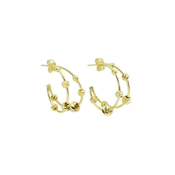 Gold Round Ball Double Lines Huggie Earrings, Sku#Lx472