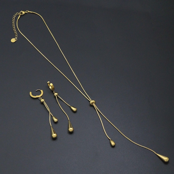 Gold Teardrop Pendant Snake Chain Necklace Earring set, Sku#BXG13