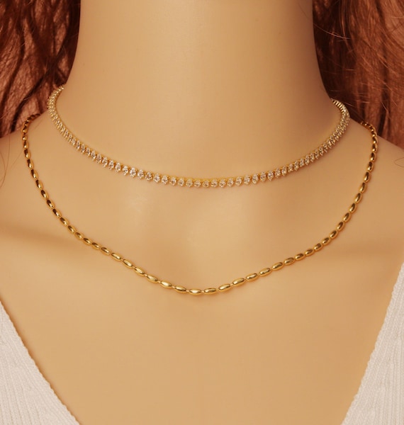 Gold Oval Ball Chain Necklace, Sku#Zx121