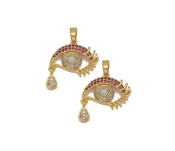 Gold Fuchsia Cz Evil Eye With Tear Drop Charm, Sku#Ld331