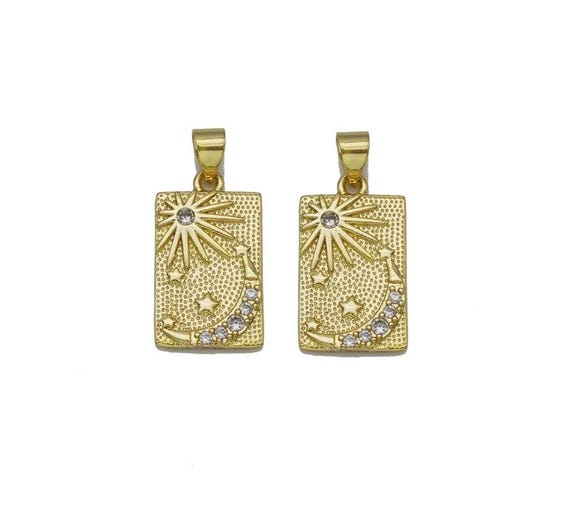 Cz Gold Sun Cresent Moon Star Rectangle Dog Tag Charm, Sku#Lk762