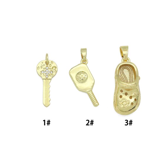 Clear CZ Gold Key Crocs Shoe pickleball racket Pendant charm , Sku#LX922
