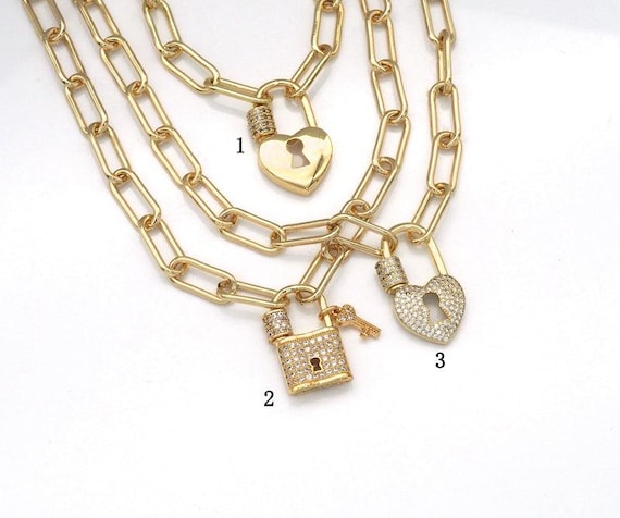 Paperclip Gold Lock Chain Necklace, Sku#Ef208