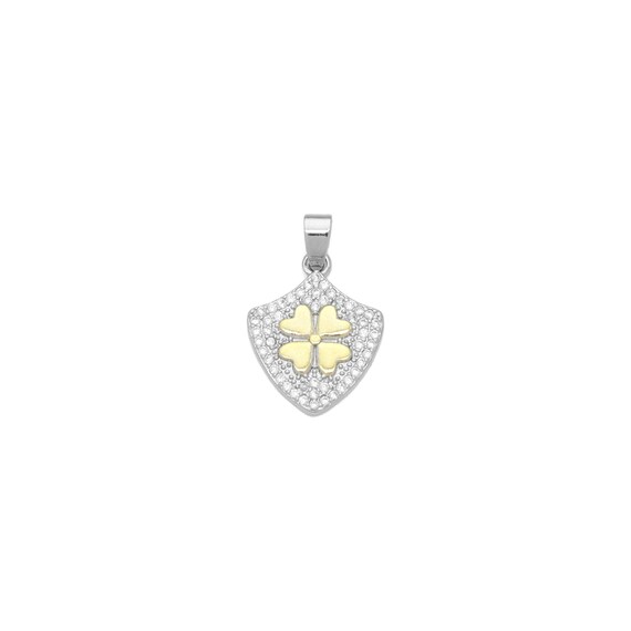 Dual Color Cz Gold Flower On Shield Charm Pendant, Sku#Lx748