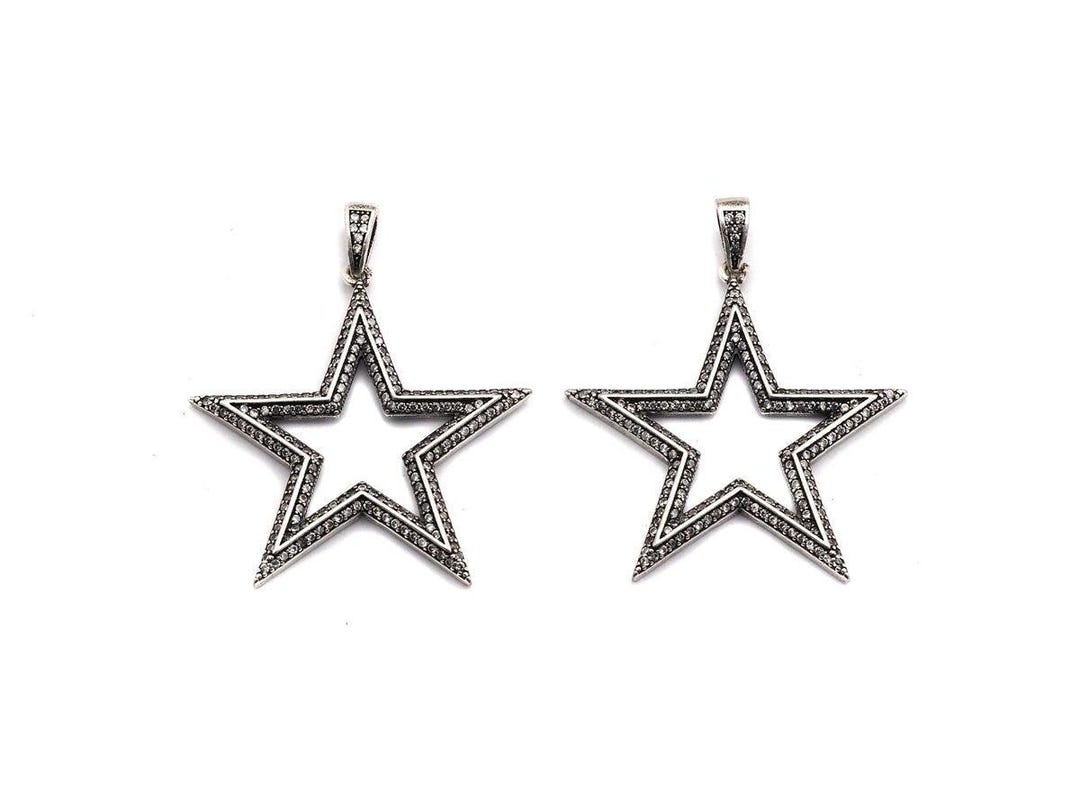 Cz Fully Micro Pave Five Star Pendant, Antique Silver Tone, Clear