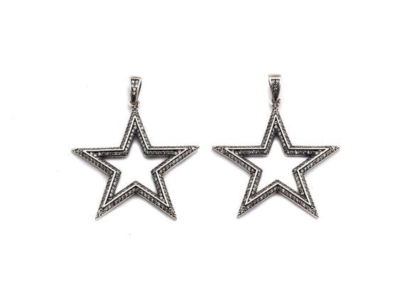 Cz Fully Micro Pave Five Star Pendant, Antique Silver Tone, Clear Cubic Zirconia Big Pave Star Charm Pendant, 39X40Mm,Sku#F983