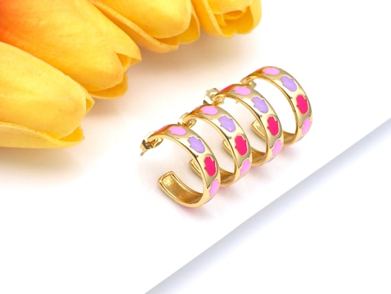 Colorful Enamel Hamsa Hand On Round Ring Shape Earrings, 18K Gold Filled Stud Earrings, Enamel Jewelry, 23X6Mm, Sku#Ld154
