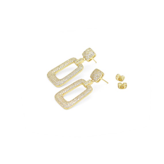 Fully Cz Pave Gold Rectangle Dangle Earrings, Sku#Ld521