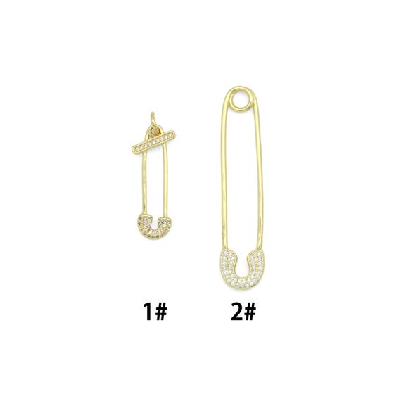 Clear CZ Safety Pin Shape Charm Pendant, Sku#LK1296