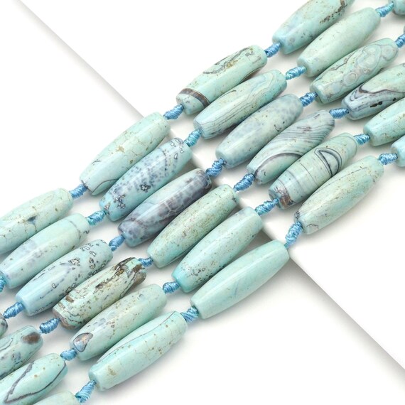 Planet Blue Barrel Shape Tibetan Agate Beads, 14x40mm Focal Beads, Sku#U1631