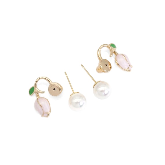 Gold White Pearl Pinktulip Earrings, Sku#Zx139