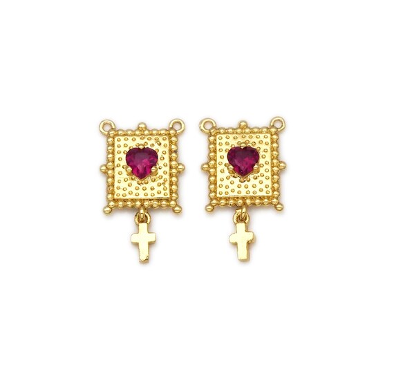 Fuchsia Heart Cz Micro Pave With Cross On Rectangle Shape Pendant, 18K Gold Filled Charm, Necklace Bracelet Charm Pendant,11X14Mm,Sku#Lk402