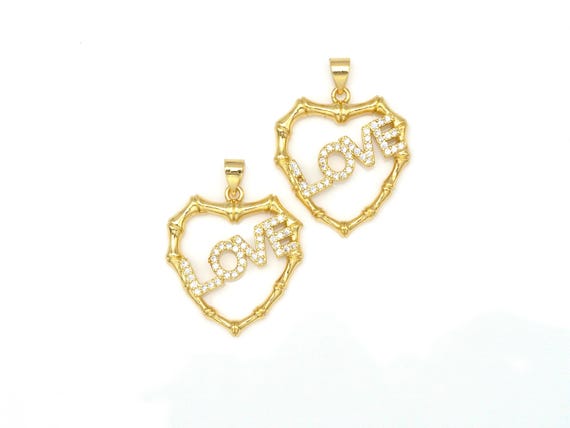 Cz Micro Pave Love On Heart Shape With Bamboo Frame Pendant,18K Gold Filled Heart Charm, Necklace Bracelet Charm Pendant,23X26Mm,Sku#Lk384