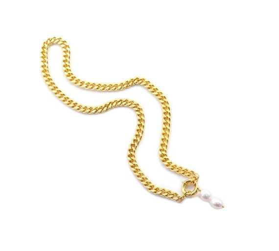 Gold Cuban Link Chain Necklace With Pearl Pendant,Sku#Ef264