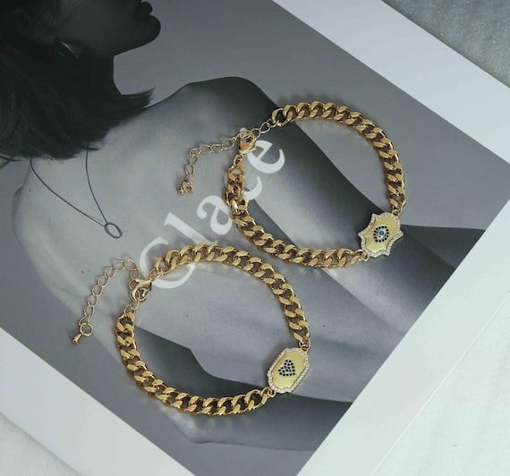 Blue Pave Evil Eye Lock Cuban Chain Necklace Bracelet, Sku#Ef163