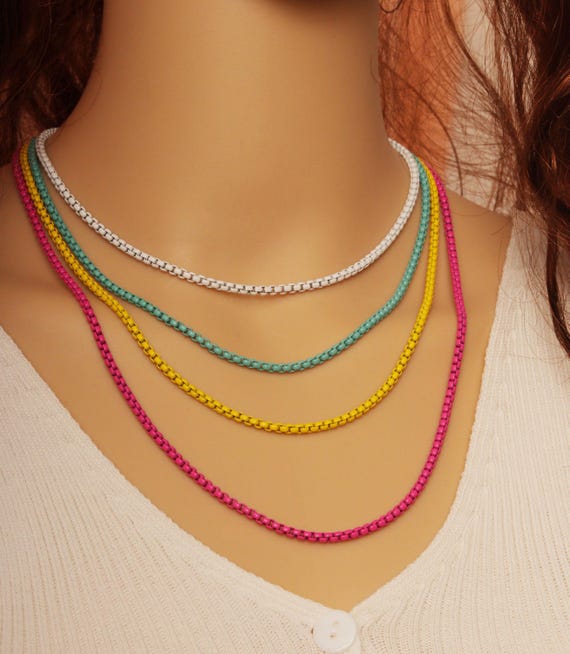 Colorful Multi Layered Enamel Box Chain Necklaces, Sku#Ef260