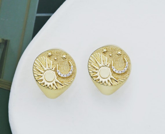 Cz Sun Cresent Moon Signet Ring, Sku#X342
