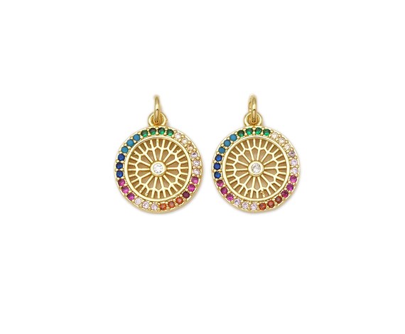 Colorful Cz Micro Pave Filigree Round Shape Pendant,18K Gold Filled Cz Charm, Necklace Bracelet Charm Pendant, 18X15Mm,Sku#Lk415