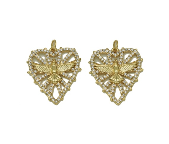 Cz Gold Eagle On Hollow Out Heart Charm, Sku#Lk639