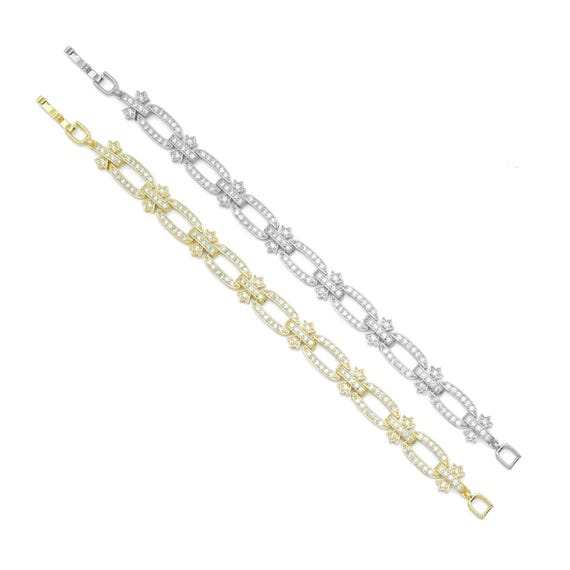 Cz Oval Flower Link Gold Silver Bracelet, Sku#A347