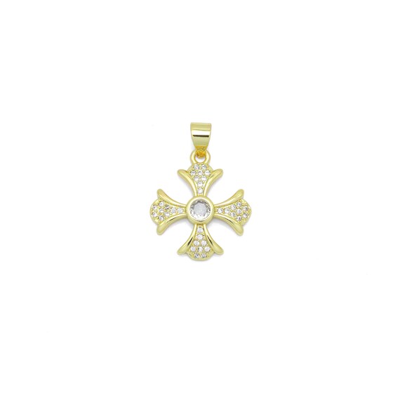 Gold Clear Cz Cross Flower Charm Pendant, Sku#Lk986