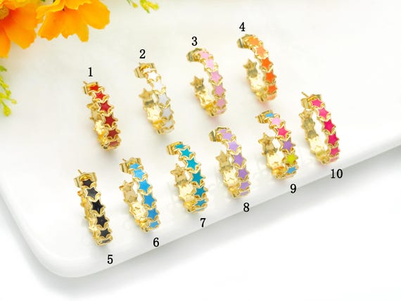 Colorful Enamel String Star Stud Earrings, Sku#J373